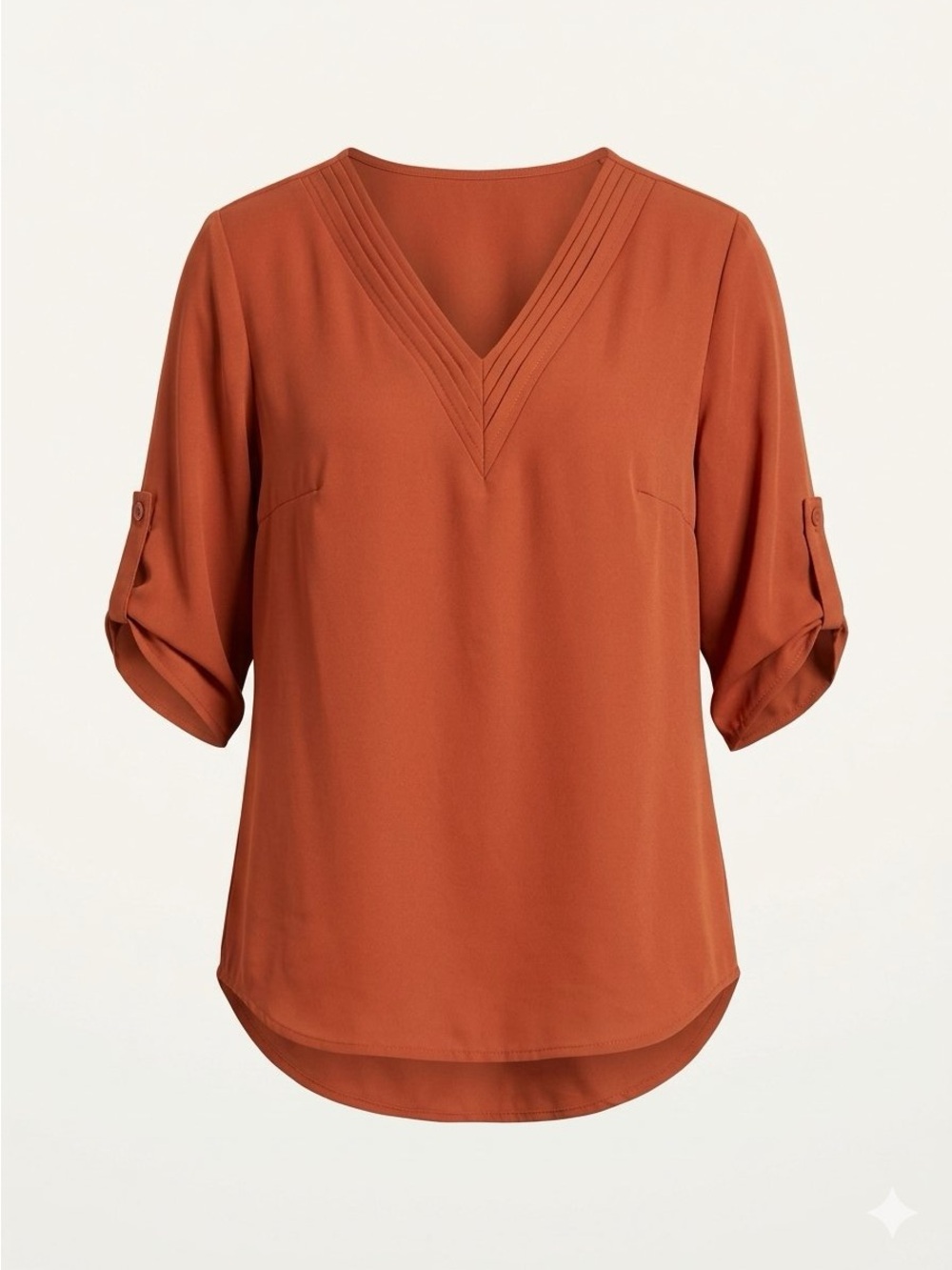 Womens V-Neck Roll-Sleeve Blouse - Rust